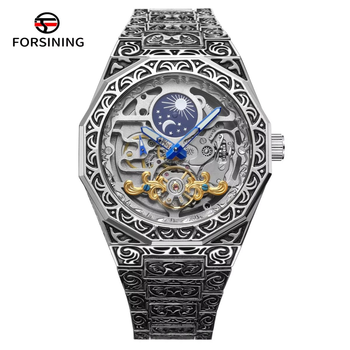 FORSINING "Retro-Aesthetic" Engraved Skeleton Automatic Watch - Silver image