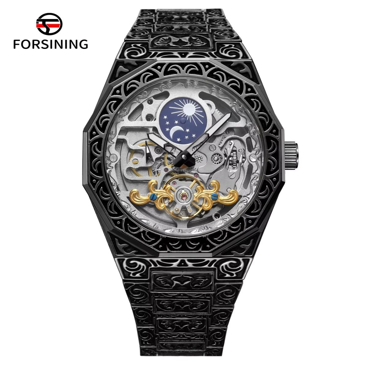 FORSINING "Retro-Aesthetic" Engraved Skeleton Automatic Watch - Black image