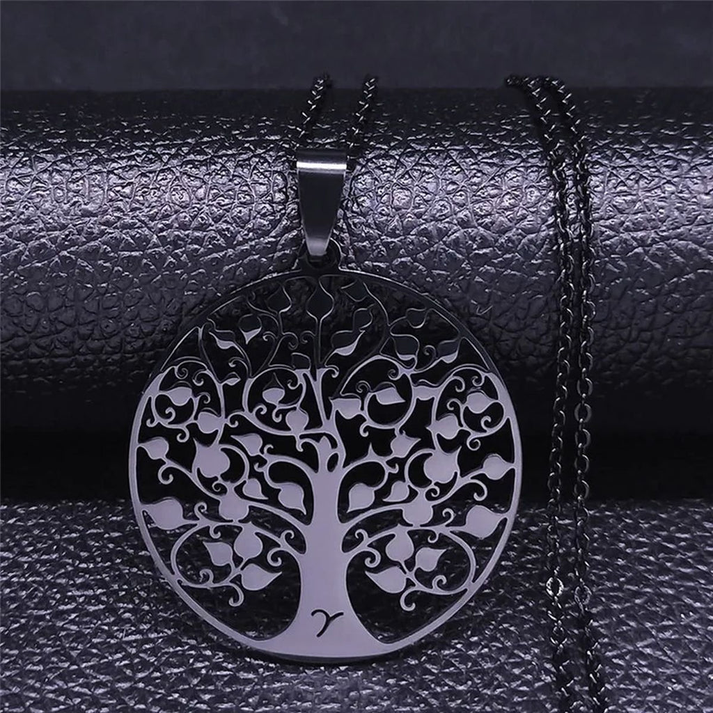Tree of Life Pendant Necklace in Silver-Tone Stainless Steel - A 50 cm O BK image