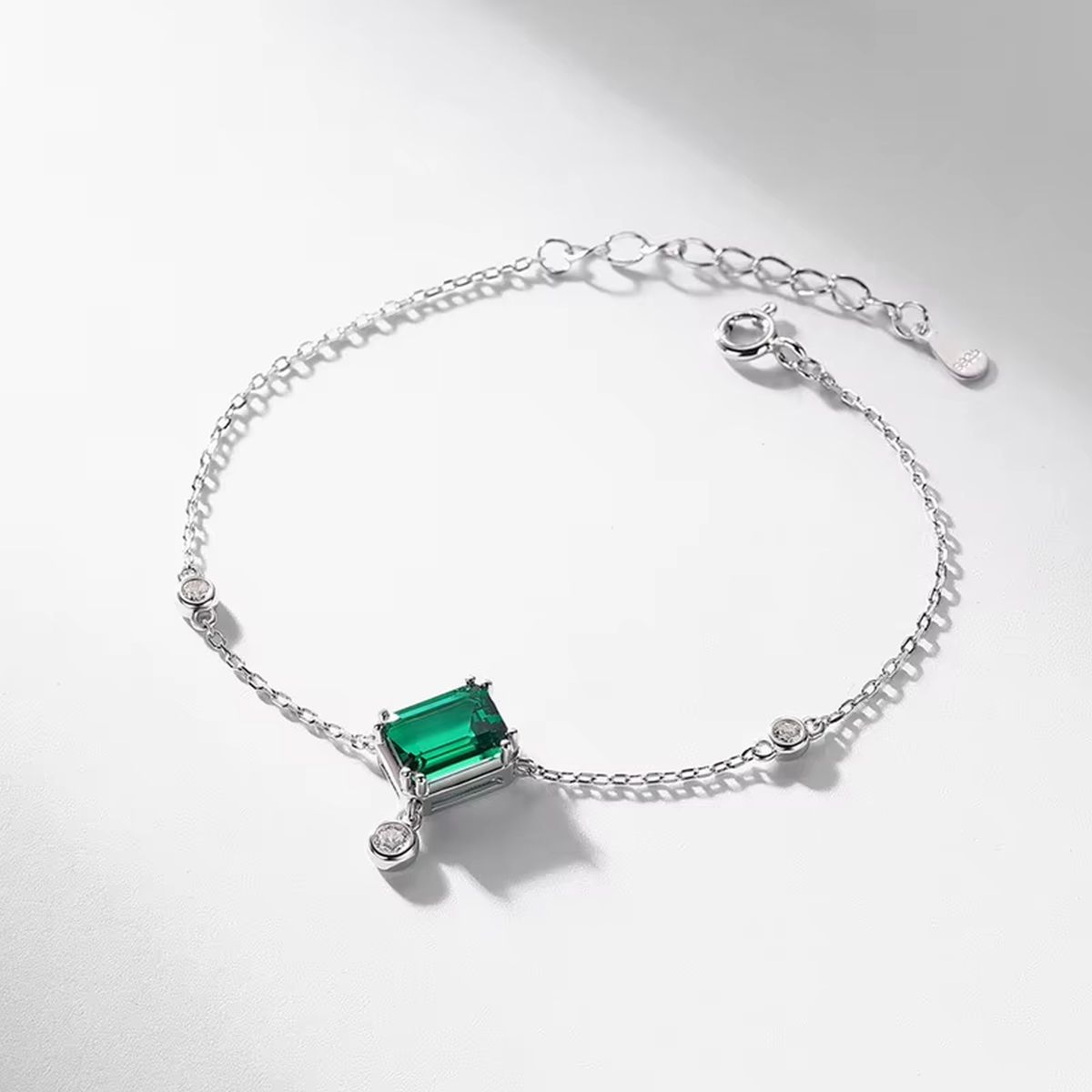 925 Sterling Silver Synthetic Emerald Cut Tennis Bracelet