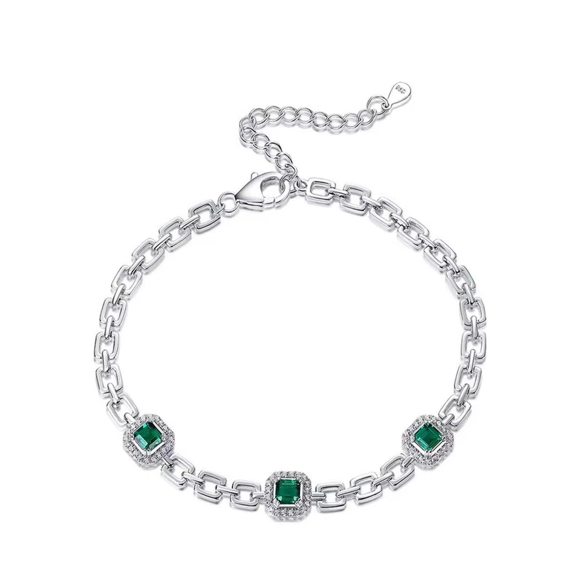 925 Sterling Silver Synthetic Emerald Cut Tennis Bracelet