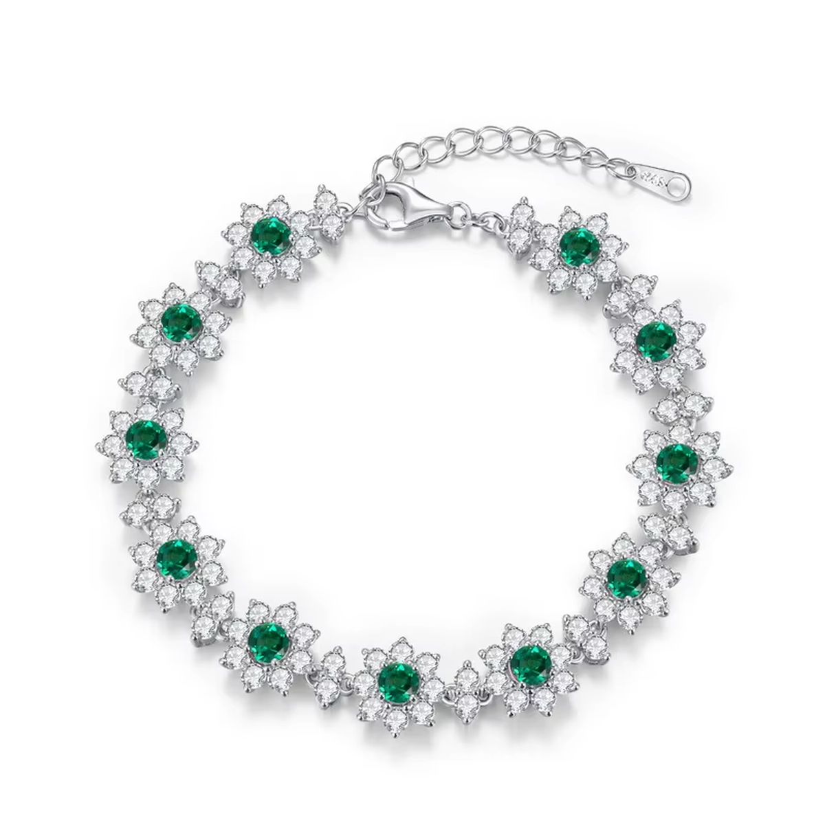 925 Sterling Silver Synthetic Emerald Cut Tennis Bracelet