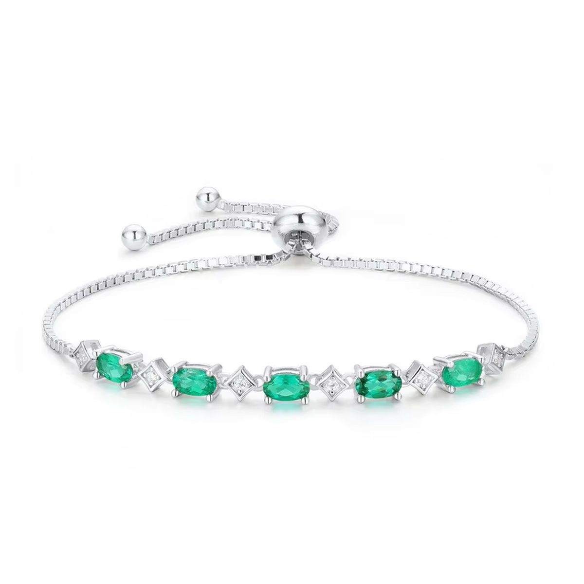 925 Sterling Silver Synthetic Emerald Cut Tennis Bracelet