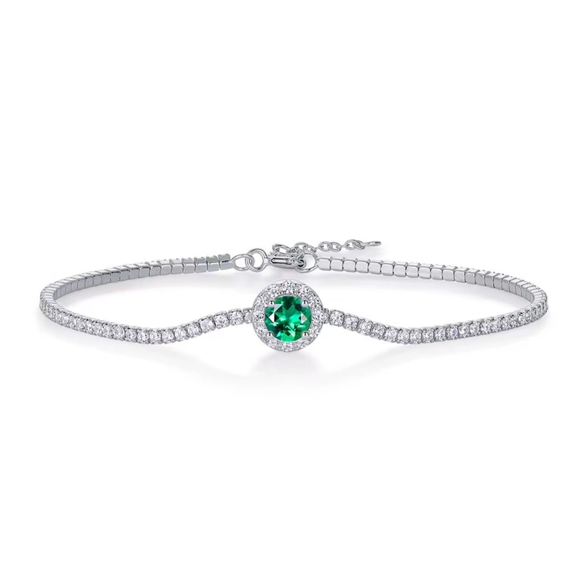 925 Sterling Silver Synthetic Emerald Cut Tennis Bracelet