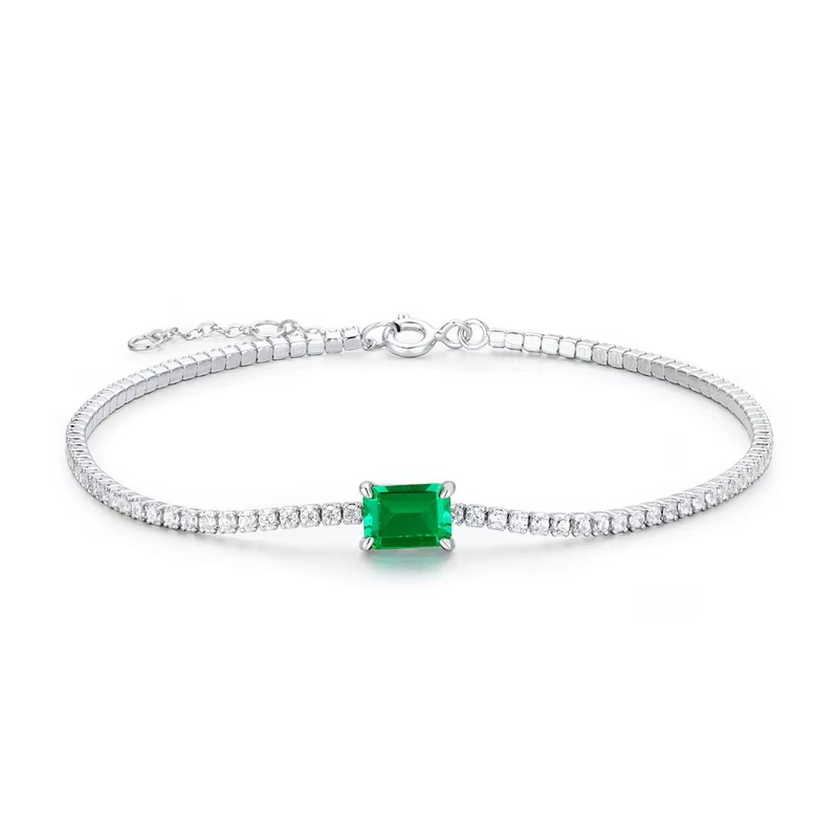 925 Sterling Silver Synthetic Emerald Cut Tennis Bracelet