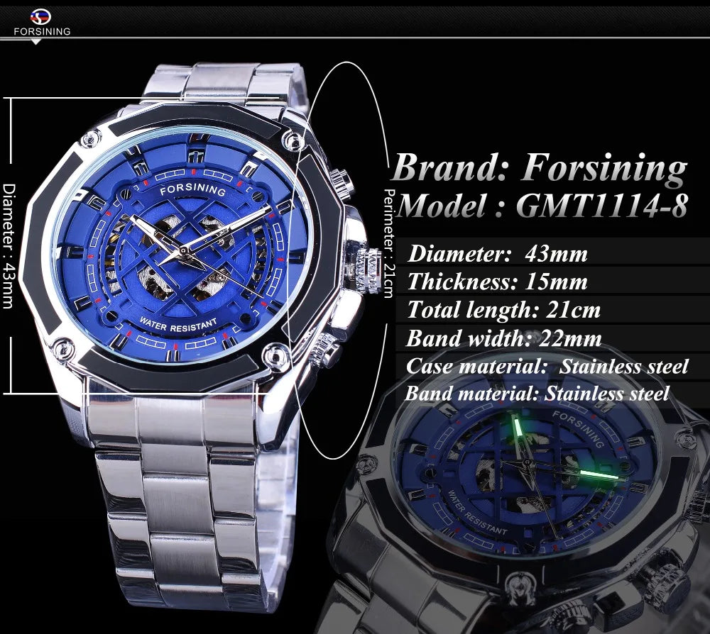 Forsining Men's Luxury Stainless Steel Skeleton Dial Mechanical Automatic Watch