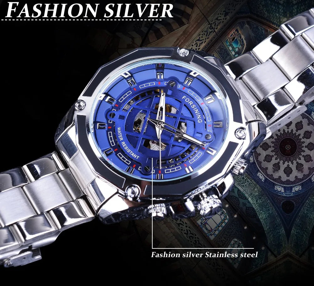 Forsining Men's Luxury Stainless Steel Skeleton Dial Mechanical Automatic Watch