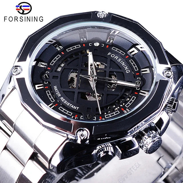 Forsining Men's Luxury Stainless Steel Skeleton Dial Mechanical Automatic Watch