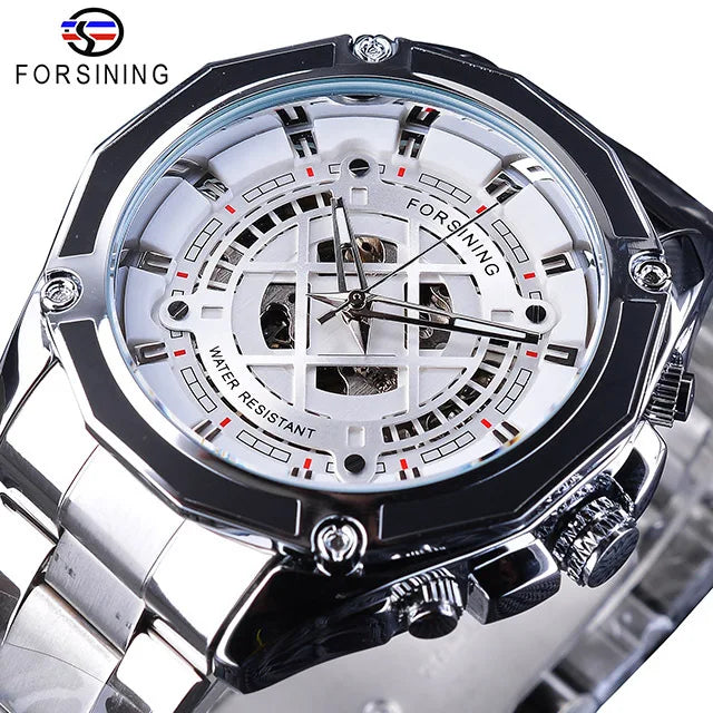 Forsining Men's Luxury Stainless Steel Skeleton Dial Mechanical Automatic Watch