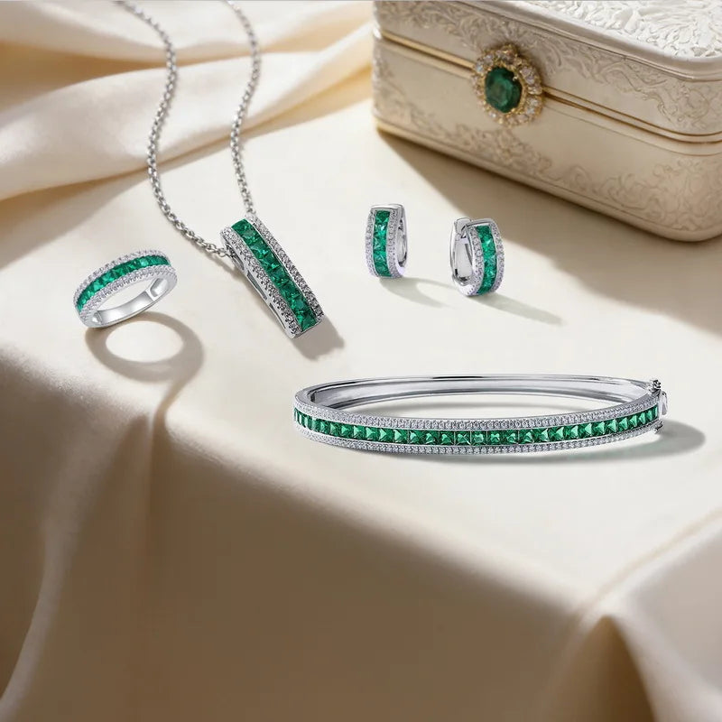 925 Sterling Silver Synthetic Emerald Cut Tennis Bracelet
