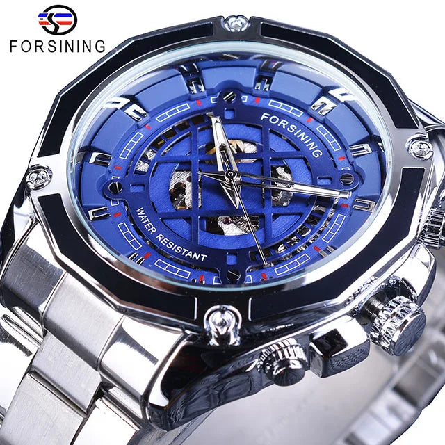 Forsining Men's Luxury Stainless Steel Skeleton Dial Mechanical Automatic Watch