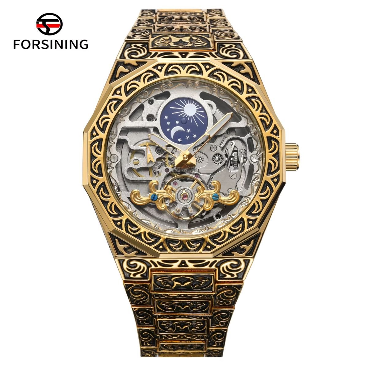 FORSINING "Retro-Aesthetic" Engraved Skeleton Automatic Watch - Gold image
